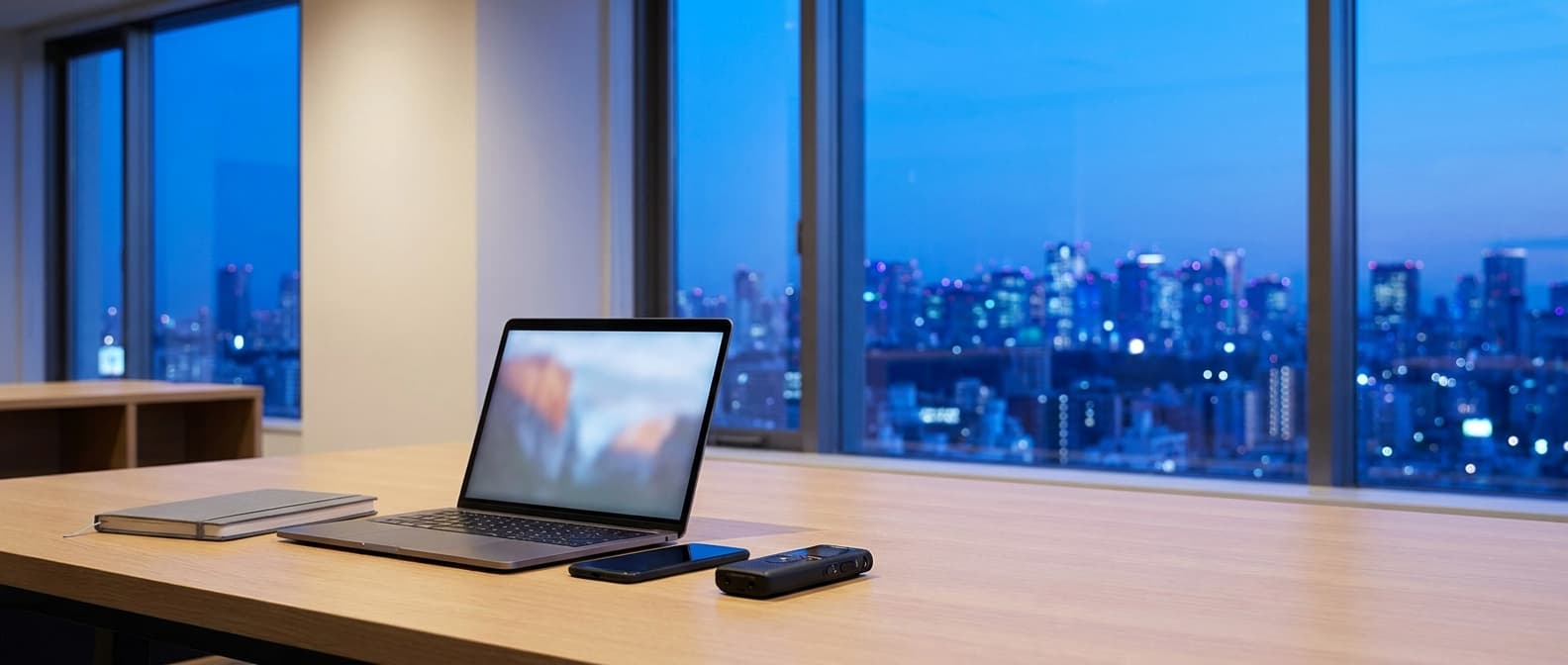 夕暮れのオフィスデスクに置かれたノート PC・スマートフォン・ボイスレコーダー — 日常のコミュニケーションがそのまま会社の記憶になる