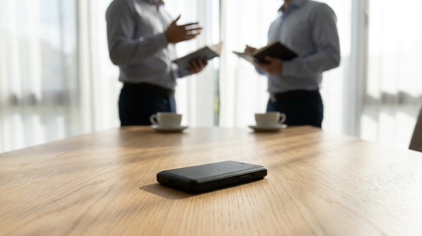会議テーブルに置かれた小型 AI ボイスレコーダー — 録音するだけで会議が成果物になる