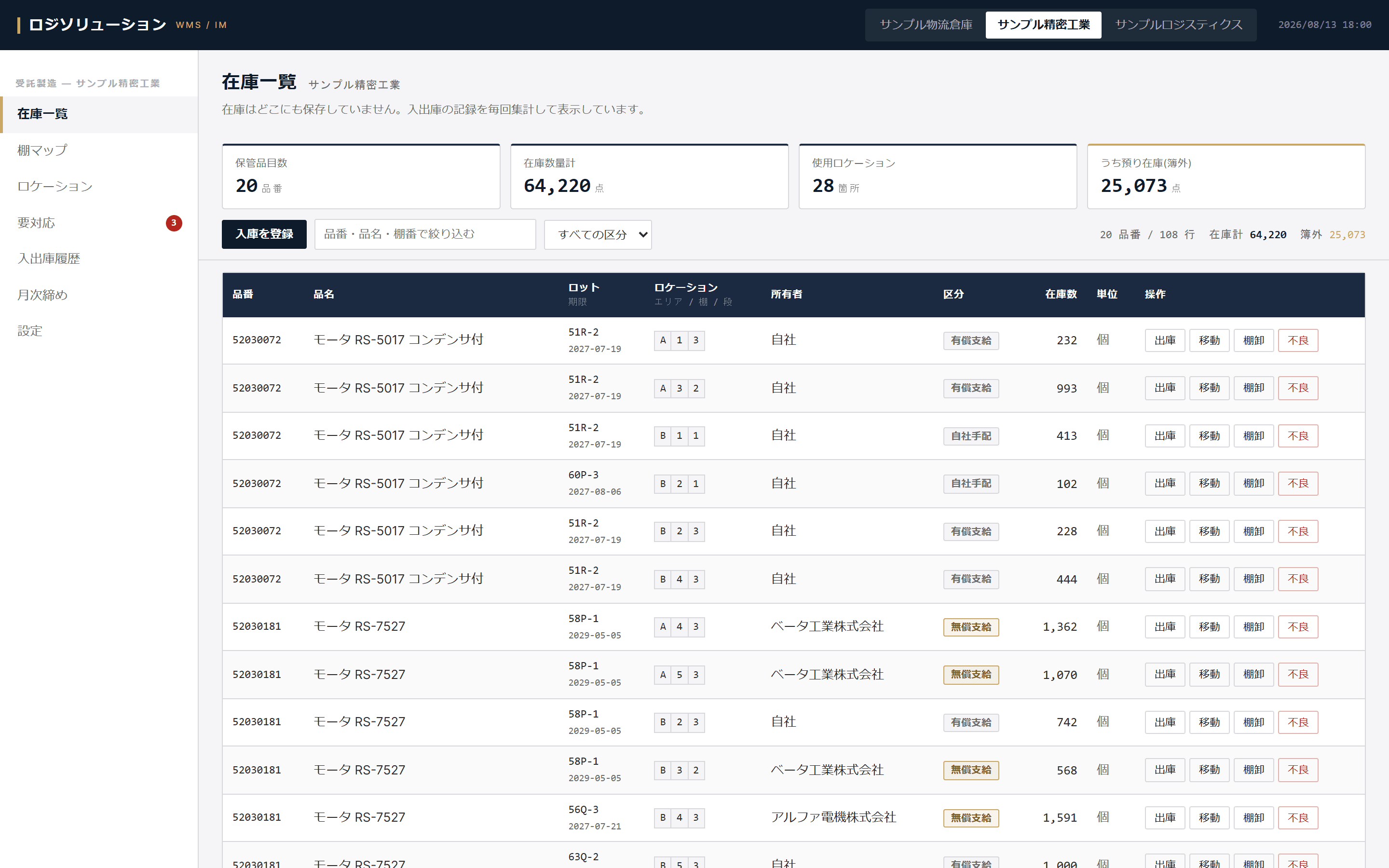 ロジソリューションの在庫一覧画面 — KPI・多階層ロケーション・行操作をひとつの画面に表示