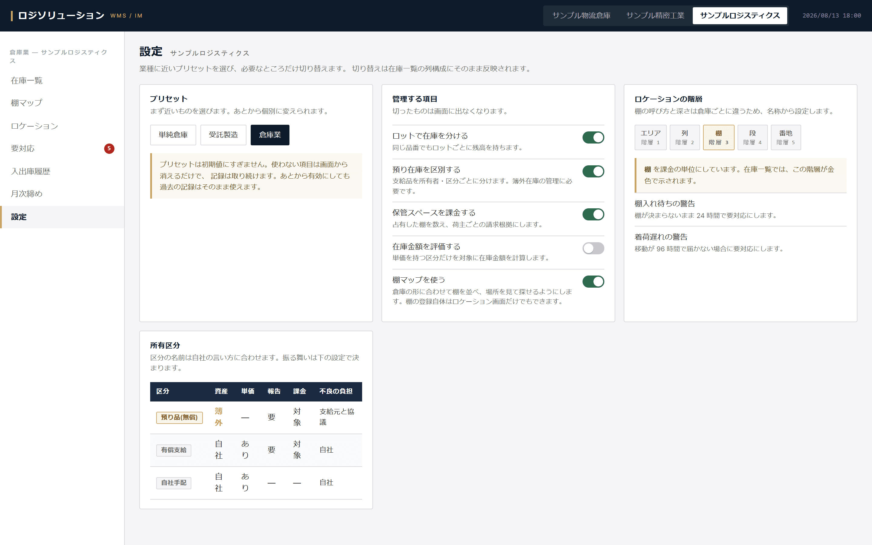 ロジソリューションの設定画面 — 業態プリセット・機能の入切・棚の階層名・所有区分の定義