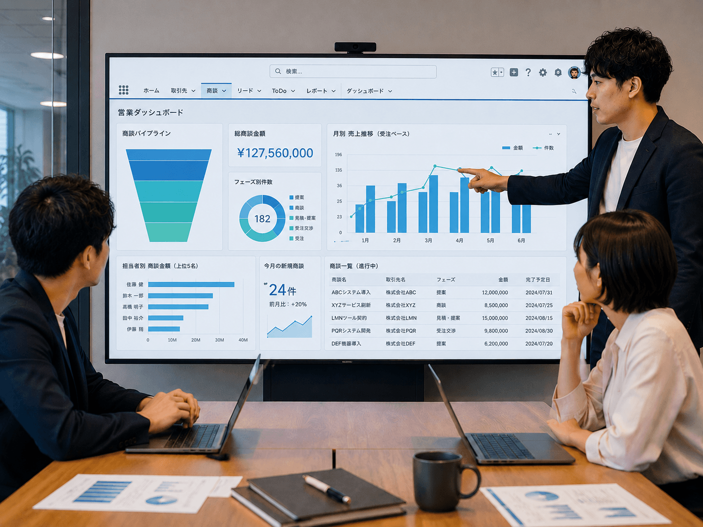 Salesforce ダッシュボードを画面共有しながらレビューする場面